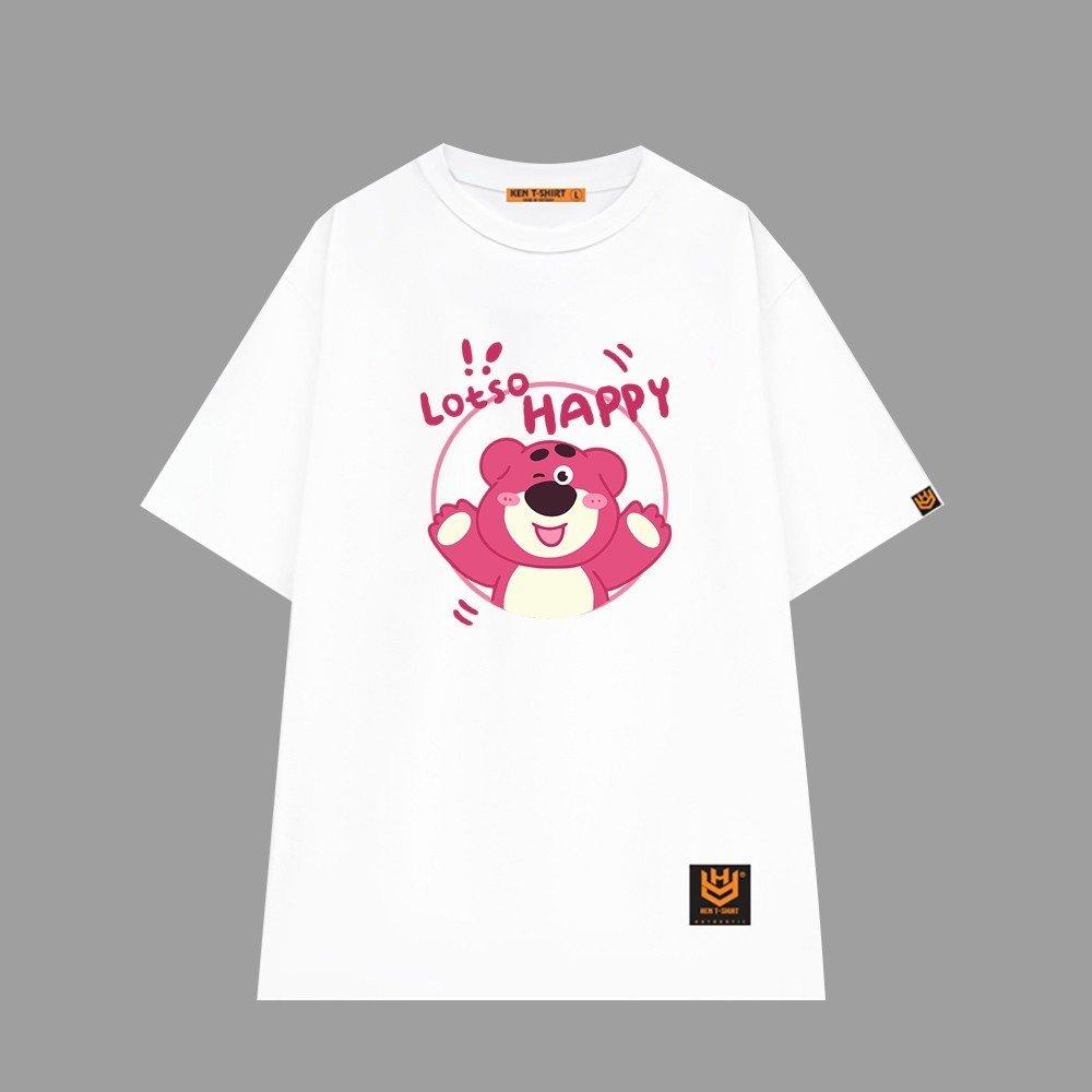 Áo thun unisex gấu dâu Lotso Happy vui nhộn áo thun tay lỡ - Trắng