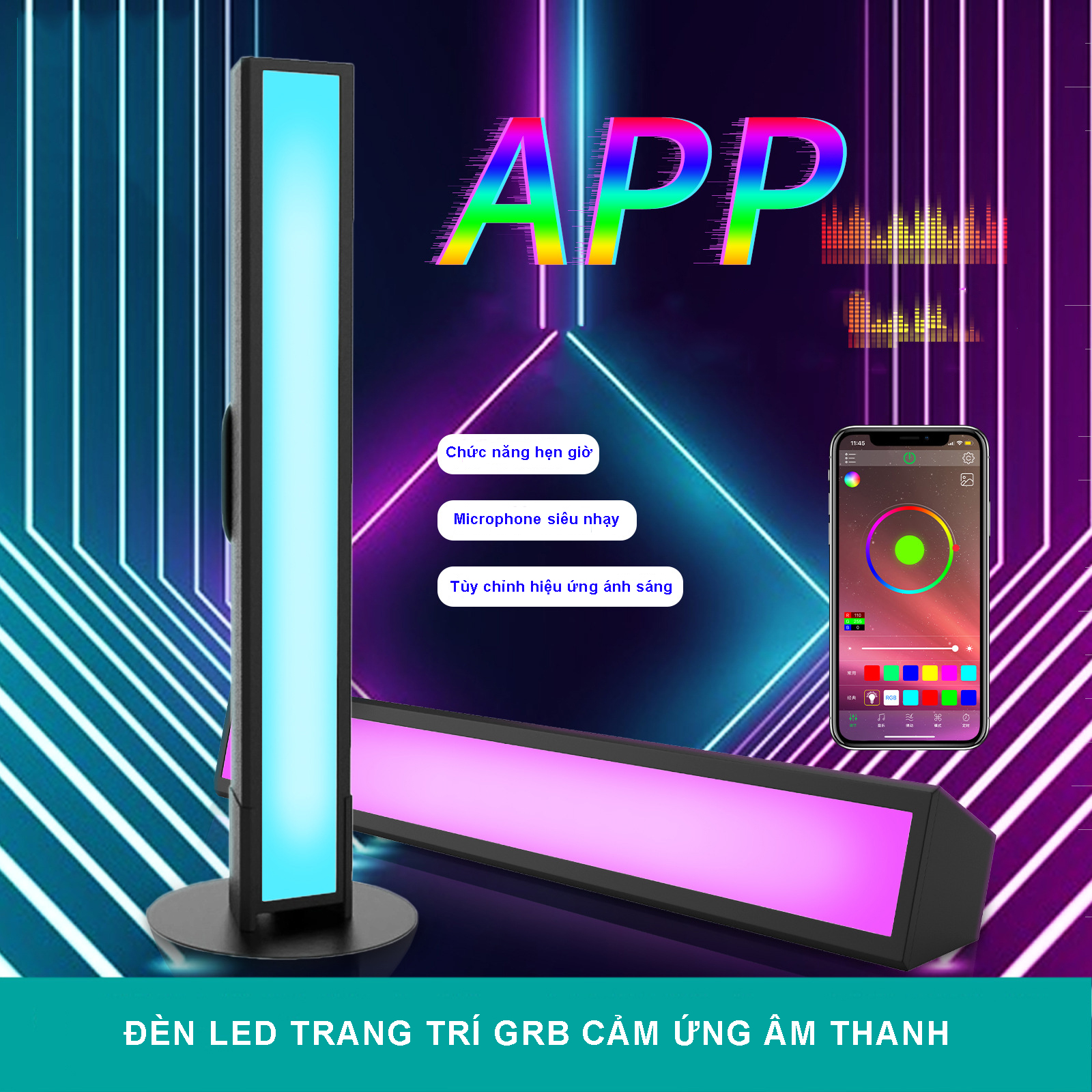 Đèn trang trí GRB điều khiển bằng âm thanh nháy theo nhạc, kết nối điều chỉnh trên điện thoại, công suất 12W