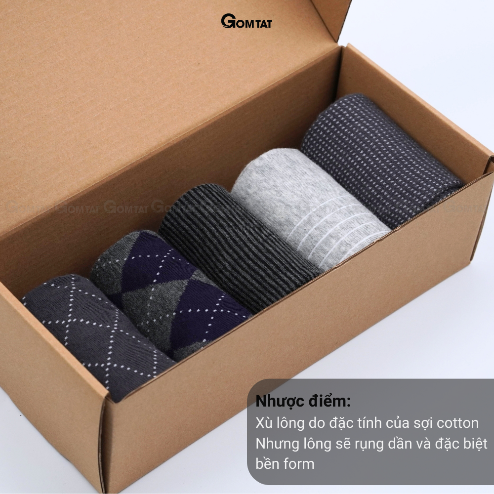 Hộp 5 đôi tất vớ nam cổ cao công sở đi giày tây GOMTAT màu xám họa tiết, cotton cao cấp khử mùi - GOM-MIX15-CB5