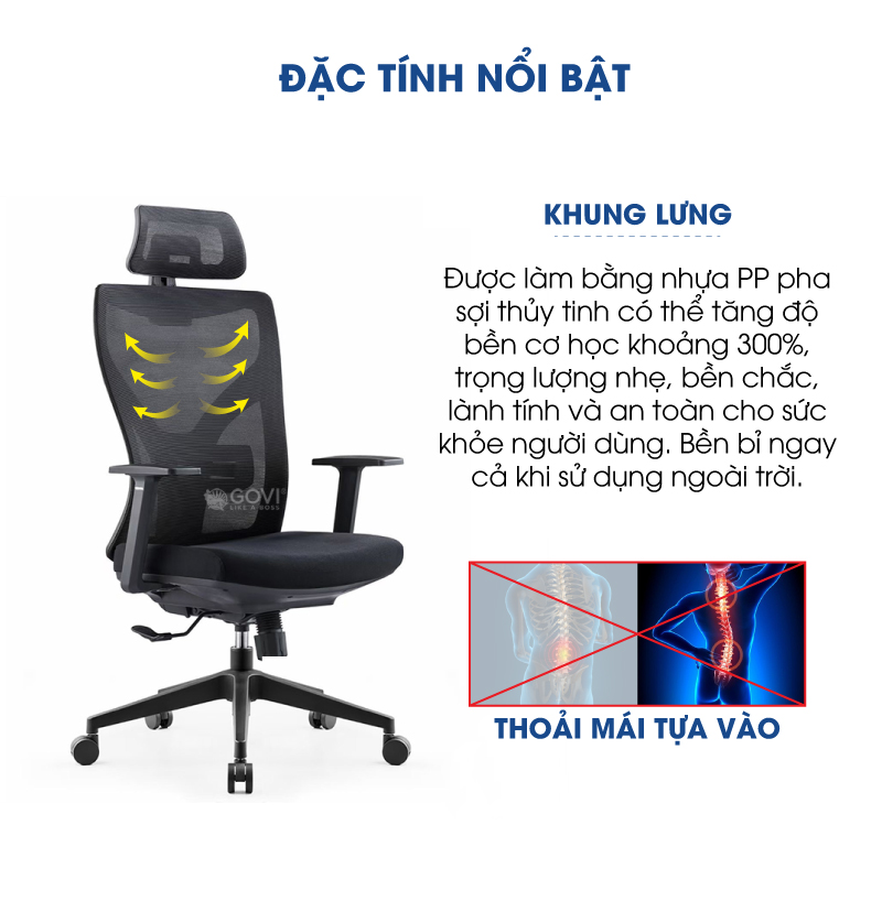 Ghế xoay văn phòng công thái học GOVI R02TD-Tựa đầu điều chỉnh, tựa tay cố định, mâm ghế ngả sau