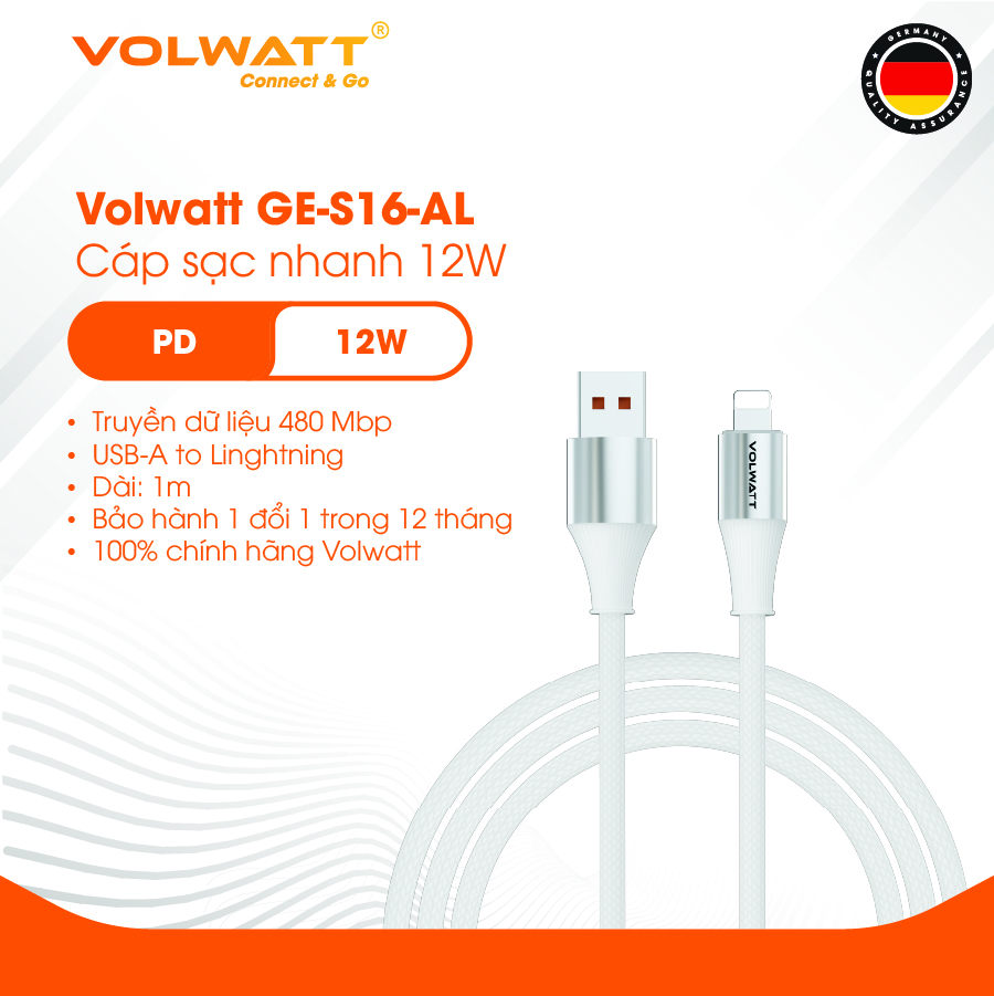 Cáp sạc nhanh Volwatt GE-S16-AL hàng chính hãng | Cáp USB-A to L 12W, thích hợp từ iP14 trở xuống – Dây bện, chống rối, BH 12 tháng