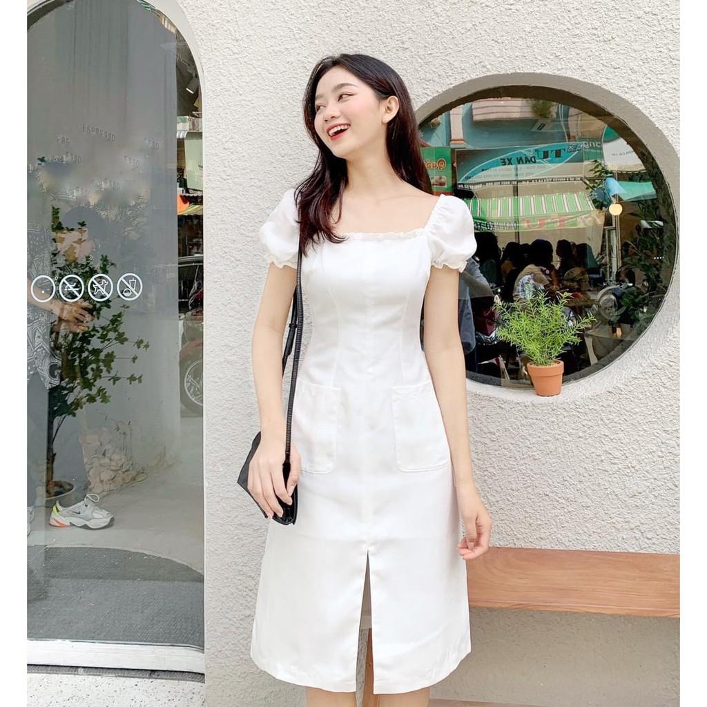 ĐẦM TẾT COTTON TRẮNG XẺ TA TAY NGẮN CỔ VUÔNG DÁNG SUÔNG ÔM-hình thật shop chụp
