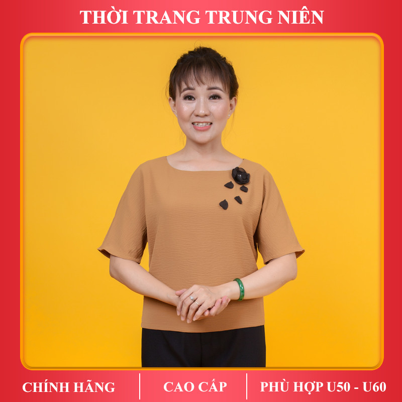 Áo trung niên iDiva A14-13, chất liệu lụa cao cấp, hoa kết sang trọng, dáng suông phù hợp U50 dự tiệc &amp; dạo phố