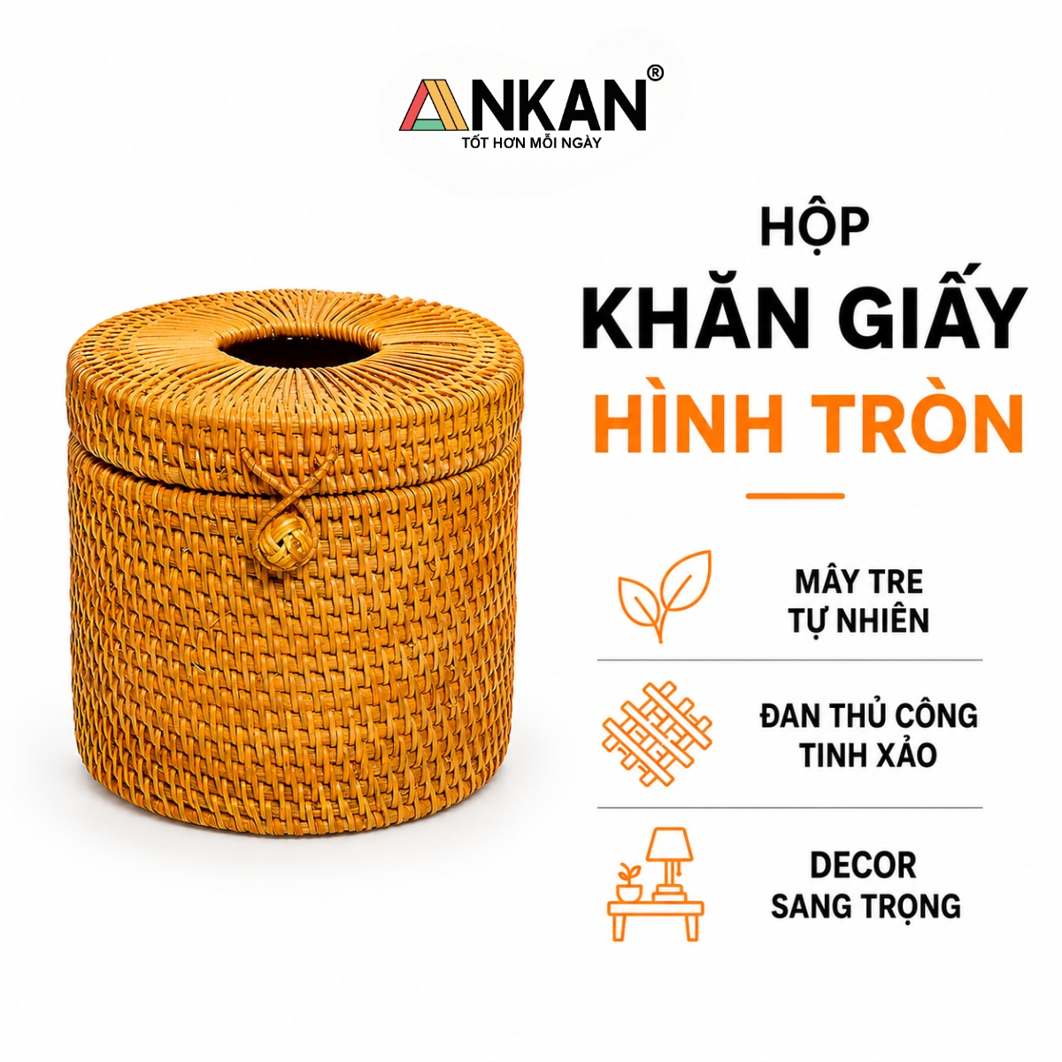 Hộp Khăn Giấy Mây Tre Hình Tròn ANKAN – Decor Sang Trọng Nhà Tắm, Phòng Khách, Quán Cafe
