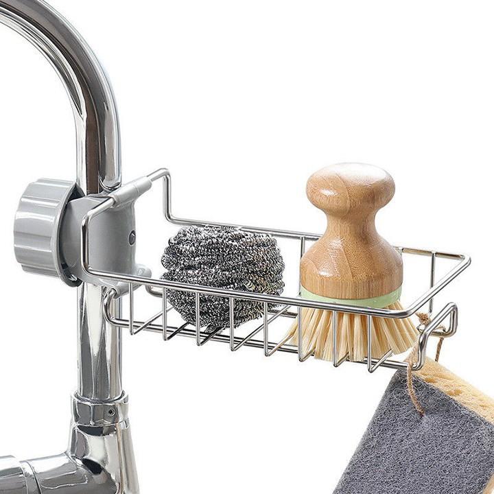 Kệ inox gắn vòi nước đa năng, giá để giẻ rửa bát dụng cụ nhà bếp tiện ích