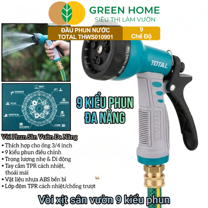 Đầu Phun Nước Total THWS010901 GreenHome, 9 Chế Độ Phun Linh Hoạt,Chất Liệu ABS, Tay Cầm Chống Trượt