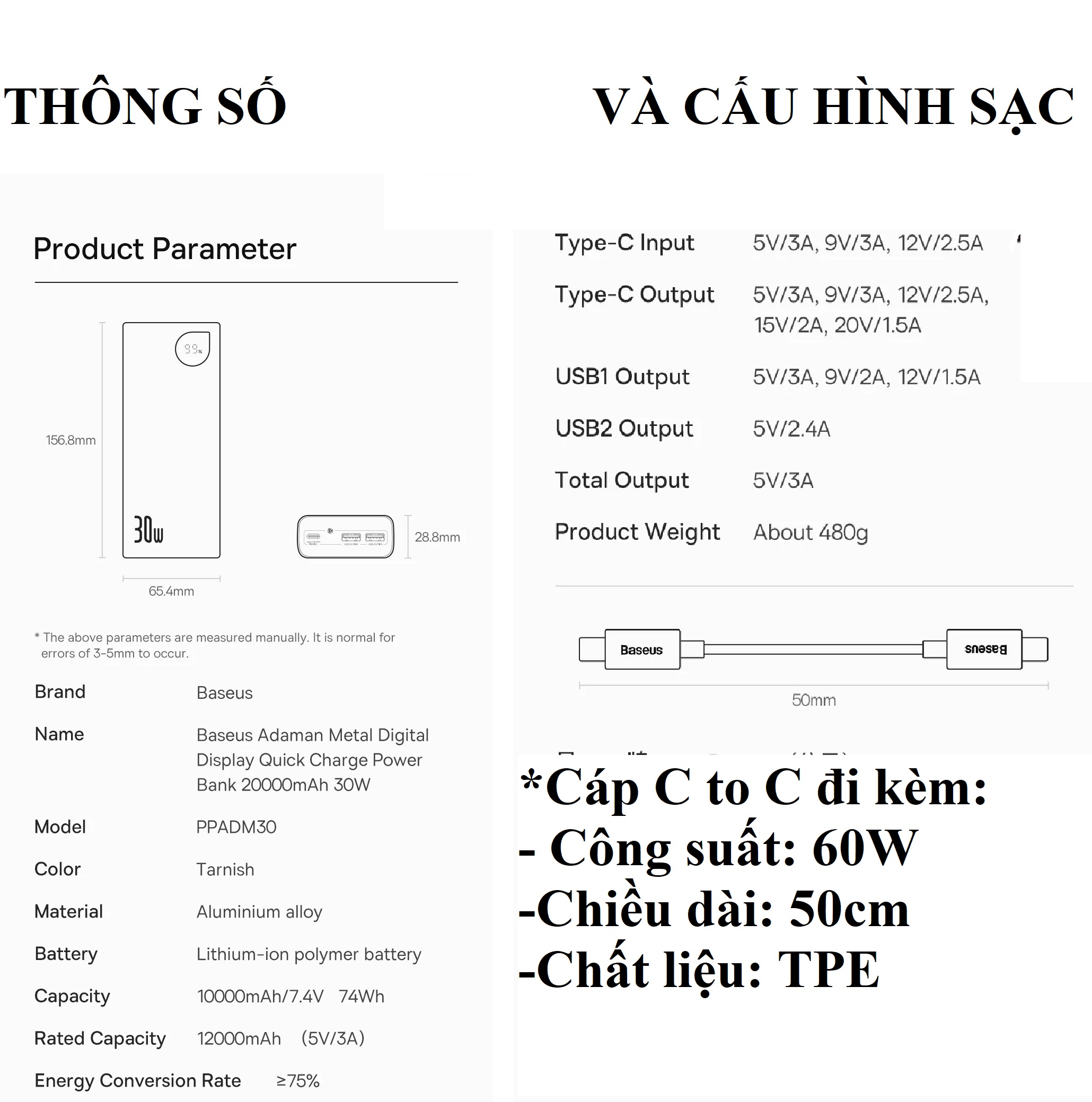 PIn dự phòng 30W dung lượng 20.000mAh Baseus ADAMAN Metal Digital Display PPADM30 _ Hàng chính hãng