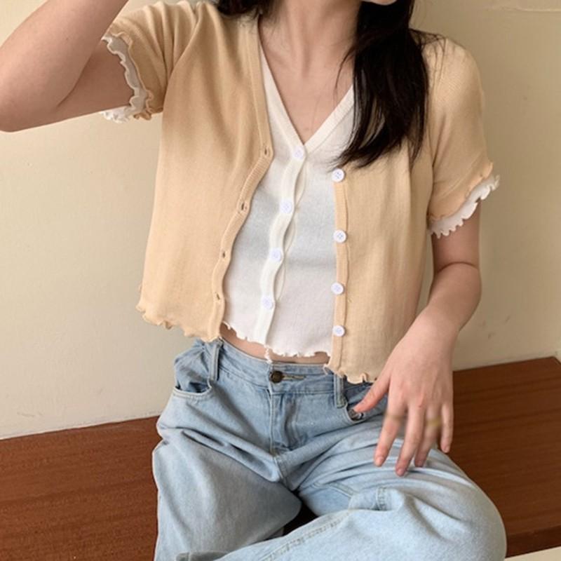 Áo Khoác Cardigan Dệt Kim Cổ Chữ V Màu Trơn Thời Trang Mùa Hè Cho Nữ