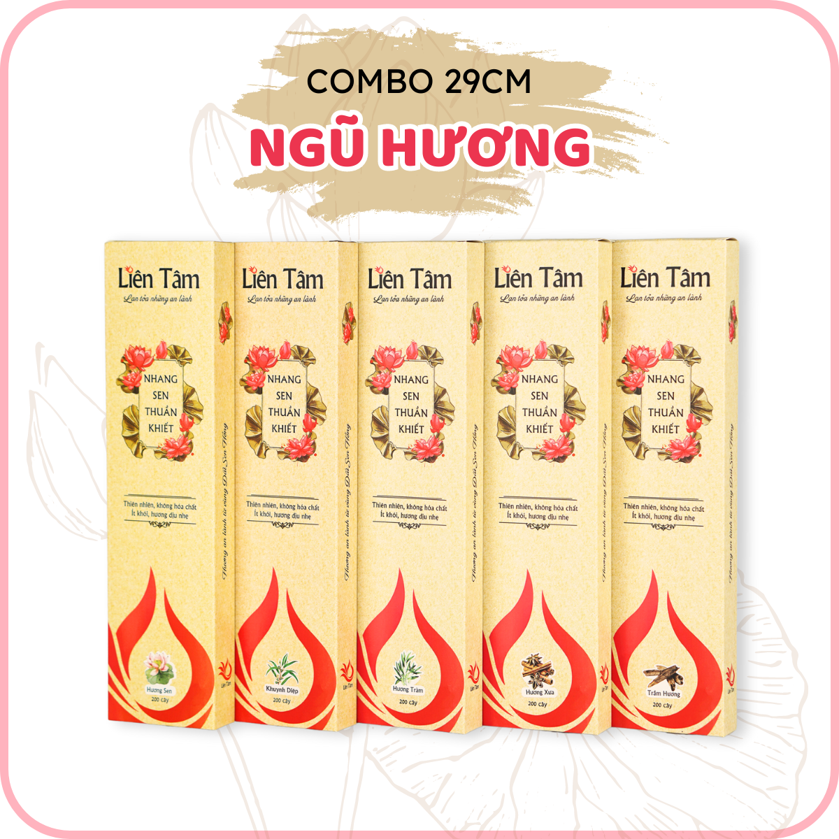 Combo 5 hộp nhang Sen 5 mùi hương 29m - 100 cây/hộp - Nhang sạch nhang xanh - nhang chung cư, ít khói, dịu nhẹ