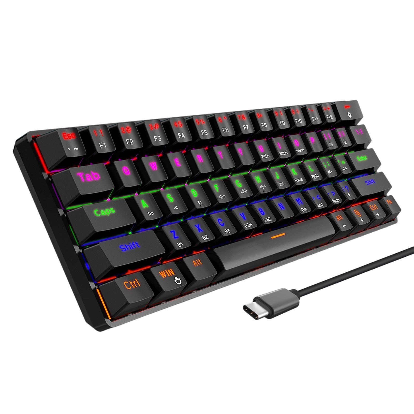 Bluetooth Mechanical Gaming Keyboard 61-Key USB-C Wired for PC Typists Black