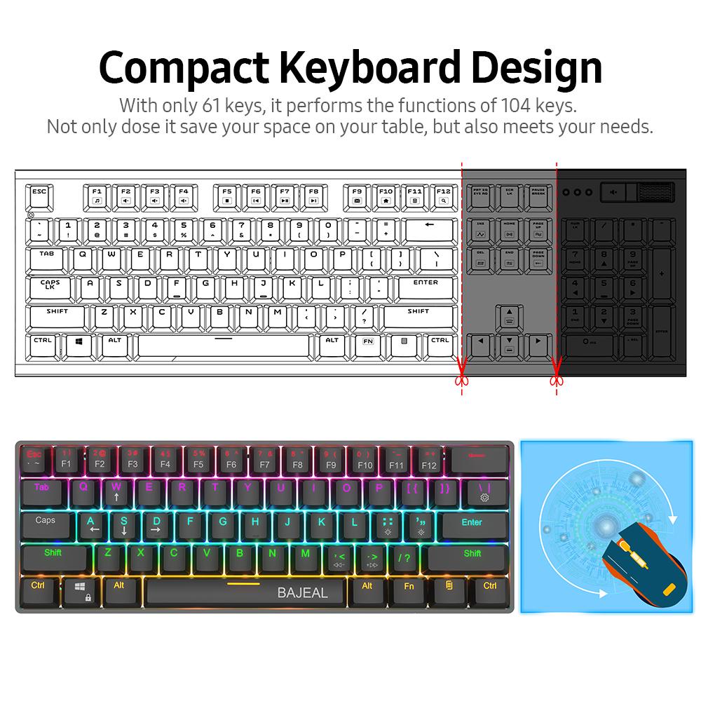 Bàn phím cơ học có dây nhỏ gọn BAJEAL với 61 phím Double Shot Keycaps 6 / N-key Rollover LED Hiệu ứng đèn nền màu xanh lam