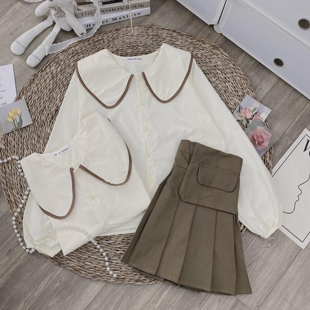 LALACLOTHING set sơ mi ngà cổ sen và chân váy xoè