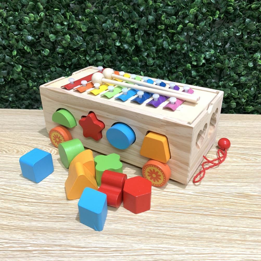 Đồ Chơi Xe Kéo Thả Hình Khối Kèm Đàn Xylyphone 8 Quãng Phát Âm Trong Trẻo Bằng Gỗ, Đồ Chơi Giáo Cụ Montessori