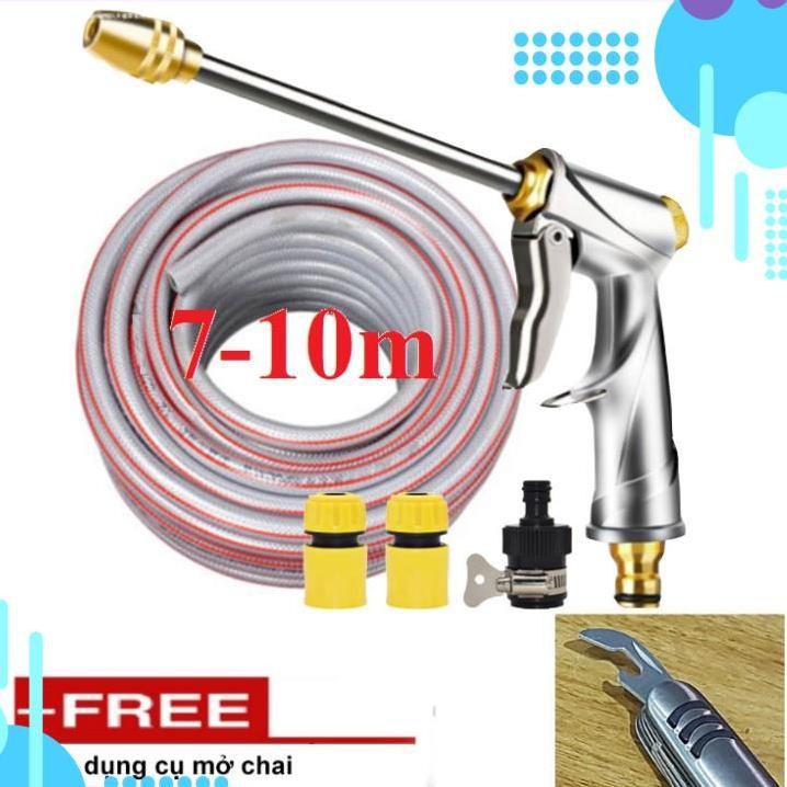 Bộ dây vòi xịt nước rửa xe, tưới cây . tăng áp 3 lần, loại 7m, 10m 206701-2 đầu đồng,cút+ tặng mở chai