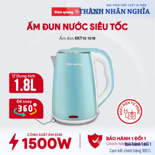 Ấm siêu tốc Điện Quang ĐQ EKT15 1518 đế xoay 360 độ, tự động ngắt điện hàng chính hãng