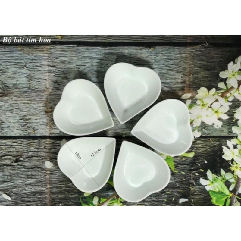 Bộ 5 đĩa sứ trắng trái tim gốm Bát Tràng