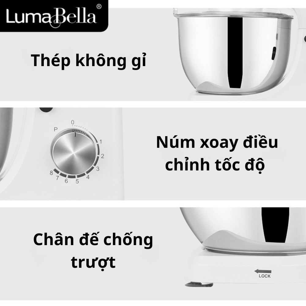 Máy trộn bột, nhào bôt làm bánh để bàn 3IN1 Lumabella LB-55001 công suất lớn 2000W, cối inox dung tích 6.2L, dễ dàng vệ sinh - DELIYA - HÀNG CHÍNH HÃNG