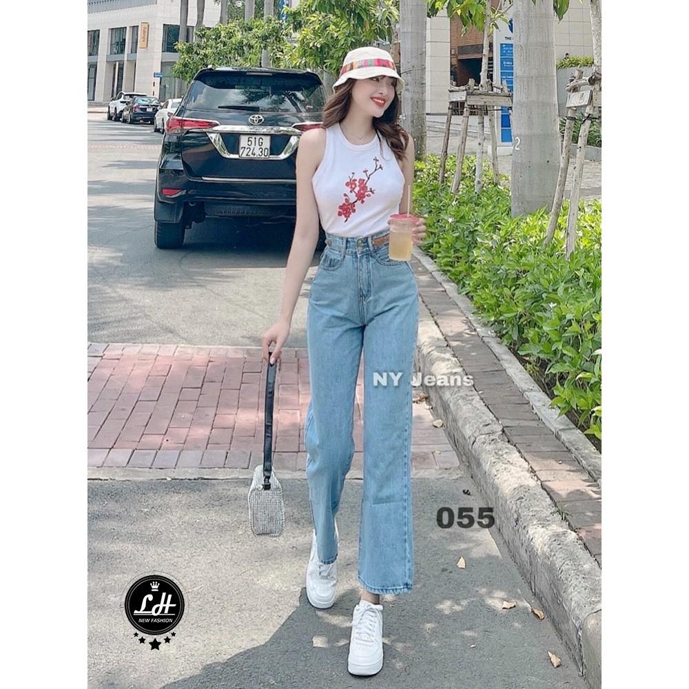 Quần bò nữ, quần jean ống rộng thời trang Lê Huy Fashion lưng cao 2 nút kiểu cực bánh bèo MS 055