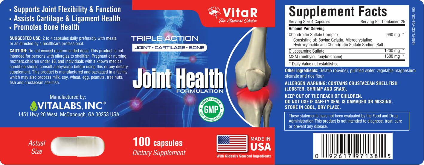 VITAR JOINT HEALTH FORMULATION HỘP 100 VIÊN - TPBVSK - Viên uống bổ khớp giúp giảm viêm khớp, đau khớp, thoái hóa khớp, Glucosamine.