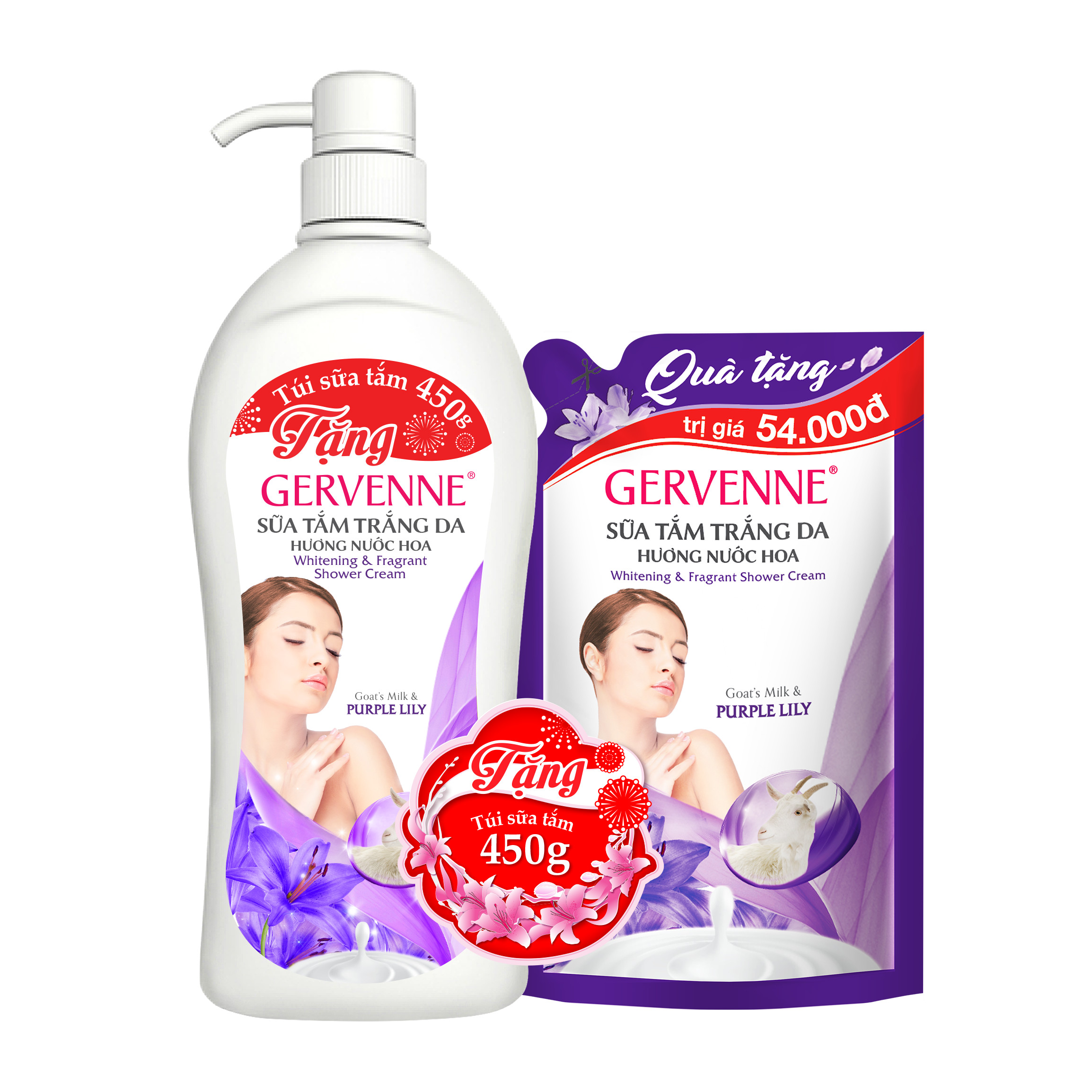 Gervenne Sữa tắm trắng da Purple Lily 1.2L - TẶNG Túi sữa tắm 450gr
