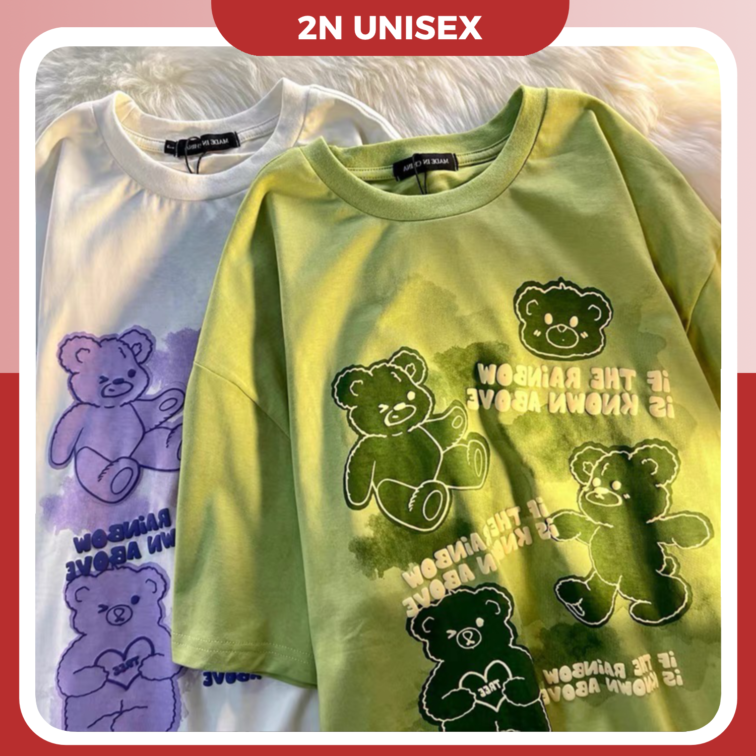 Áo thun tay lỡ form rộng - phông nam nữ cotton oversize - T shirt Gấu rainbow - 2N Unisex