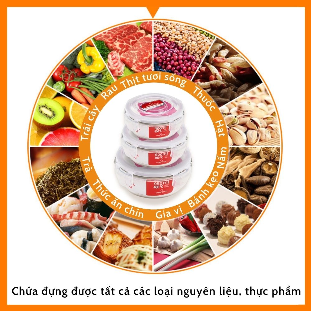 Bộ 3 Hộp Cơm Thủy Tinh Chịu Nhiệt COBACOOK 2 Hộp 1041ml 1 Hộp 400ml Kèm Túi Giữ Nhiệt- CCR4L13BB