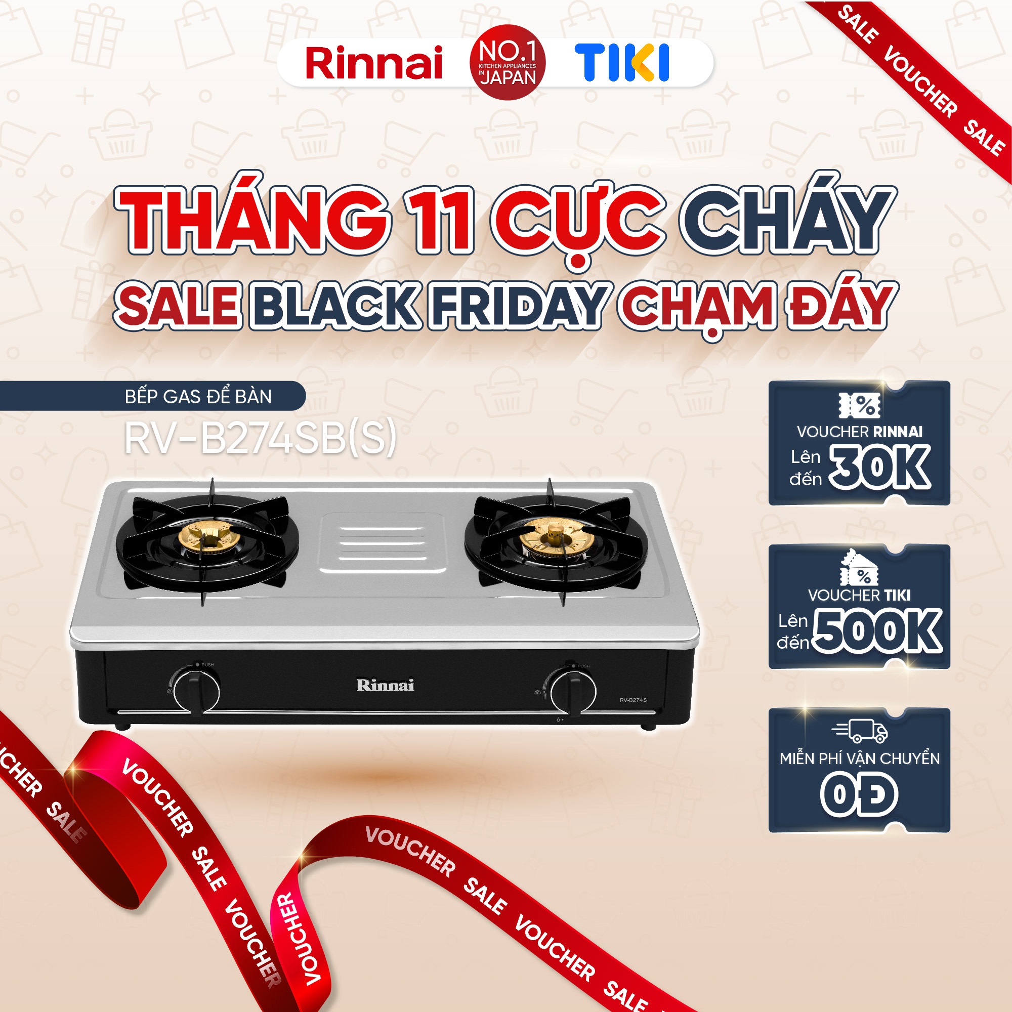 Bếp gas dương Rinnai RV-B274SB(S) mặt bếp inox và kiềng bếp men - Hàng chính hãng.