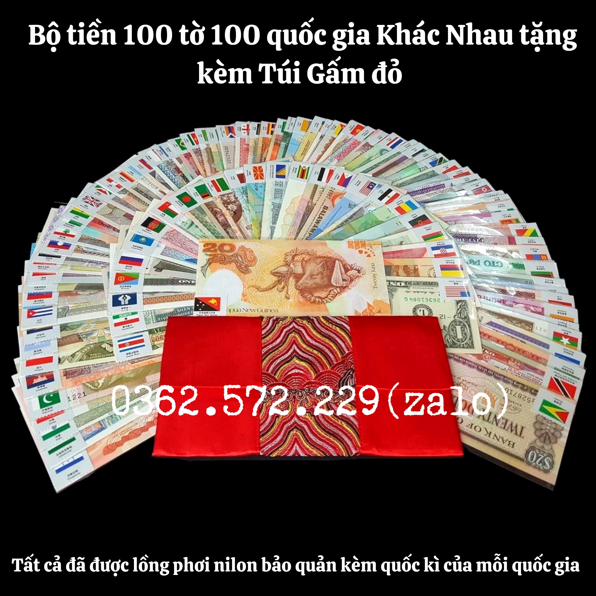 Bộ Tiền 100 Tờ 100 Nước Khác Nhau Trên Thế giới Tặng Kèm Túi Gấm đỏ May Mắn