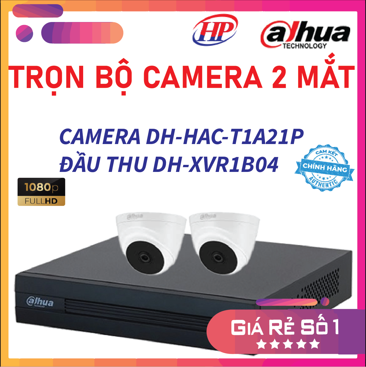 Trọn bộ 2 camera DH-HAC-T1A21P Đầu thu 4 cổng XVR1B04 đầy đủ phụ kiện, Hàng chính hãng