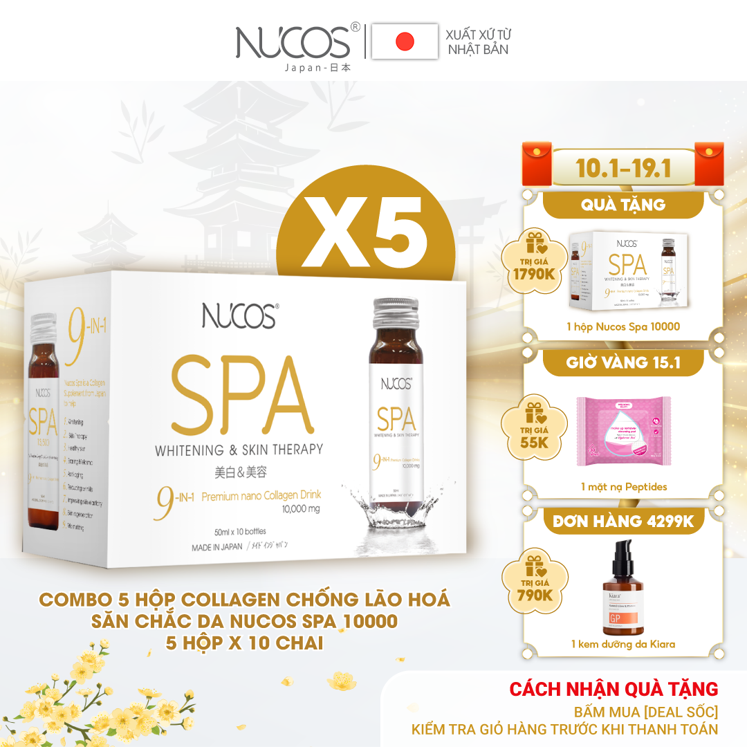 Combo 5 hộp Collagen chống lão hoá căng bóng da Nucos Spa 10000 50ml x 50 chai