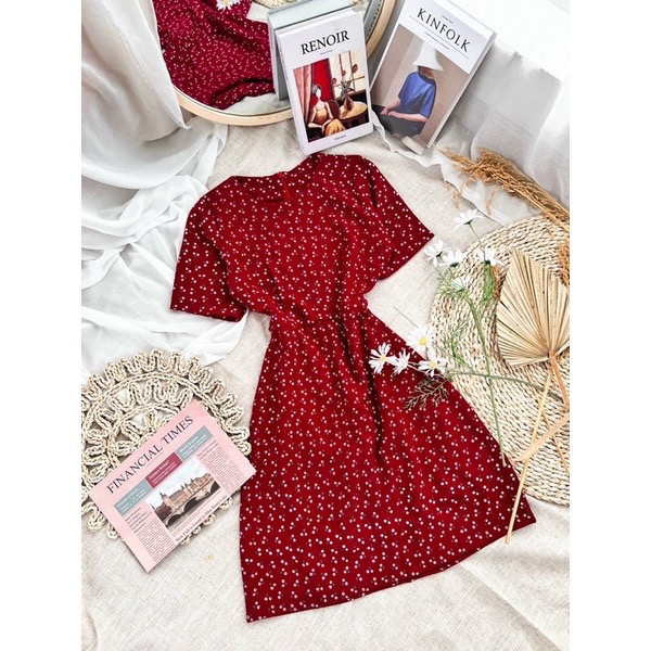 Đầm hoa nhí cột nơ lưng - đầm midi hoa nhí đỏ