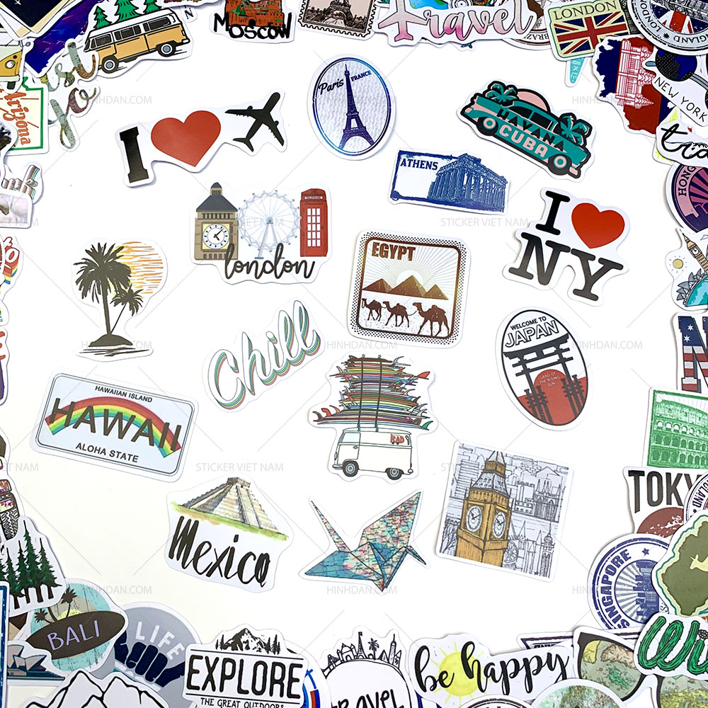 Bộ 50 Sticker Travel Du Lịch Hình Dán Trang Trí Va Li Chống Nước Decal Chất Lượng Cao Xe Đạp Xe Máy Xe Điện Motor Laptop Nón Bảo Hiểm Máy Tính Học Sinh Tủ Quần Áo Nắp Lưng Điện Thoại