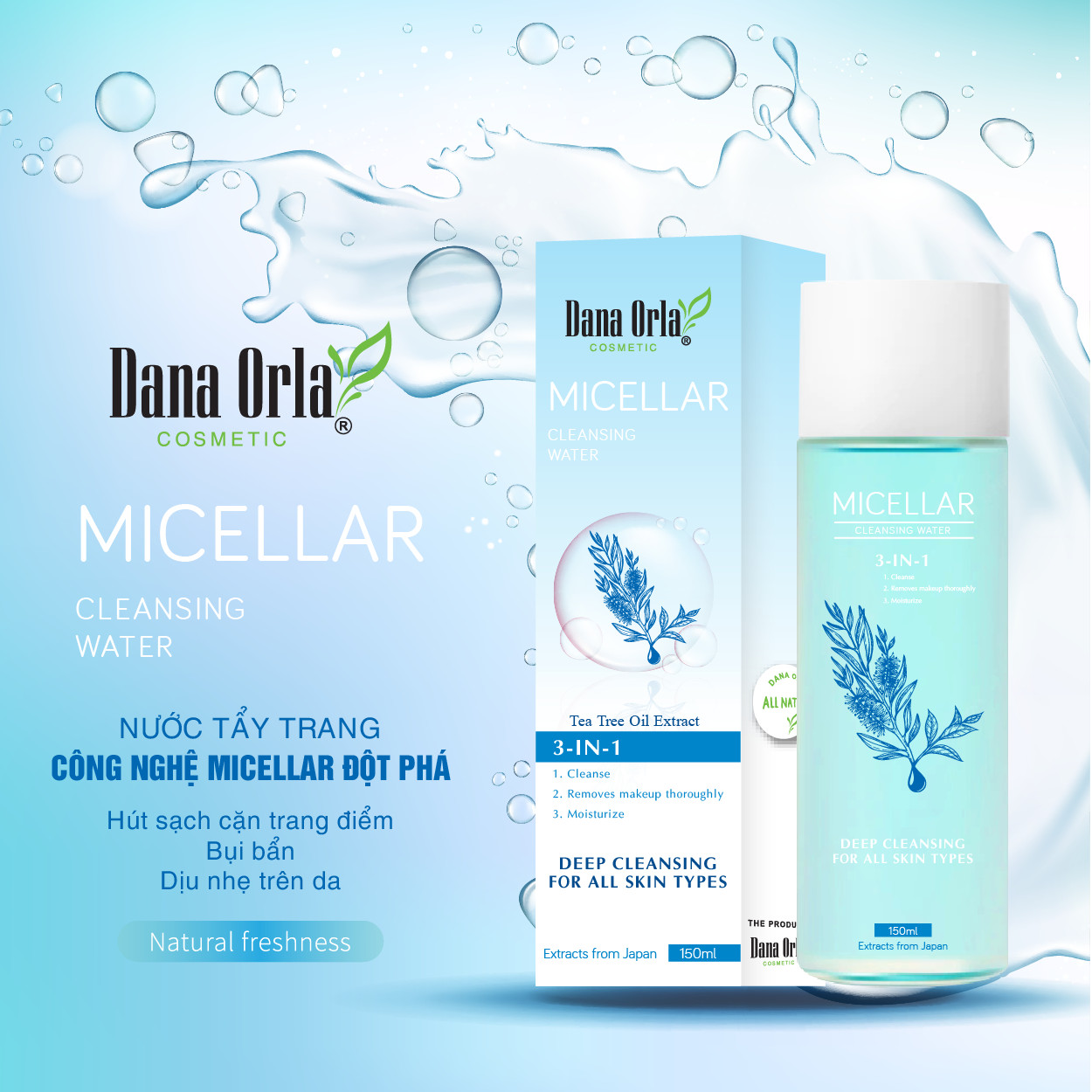 Nước Tẩy Trang dành cho da dầu, mụn và hỗn hợp Dana Orla Micellar 3-in-1, chiết xuất Tinh dầu Tràm Trà