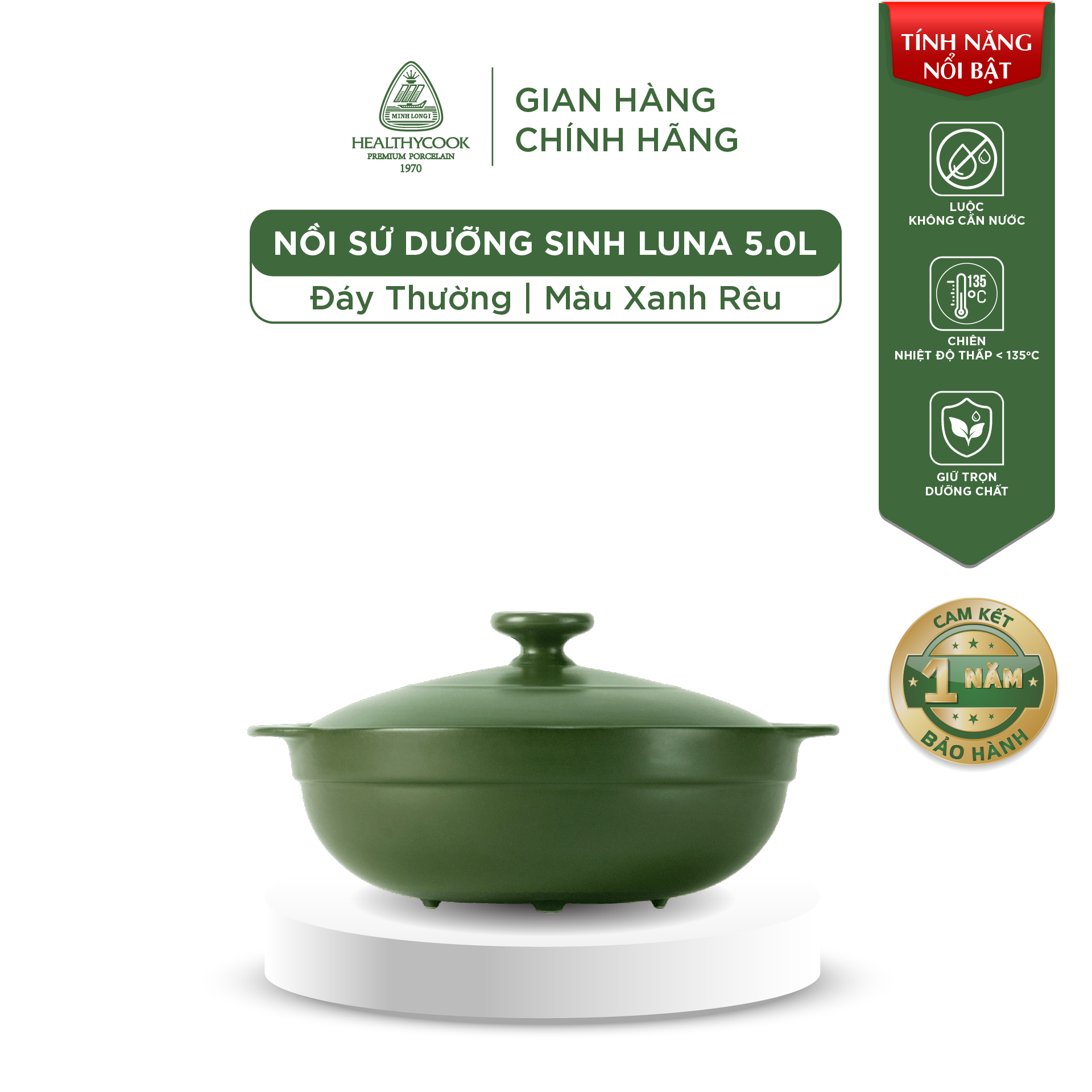 Nồi Sứ Dưỡng Sinh Minh Long Healthy Cook Healthy Cook - Luna 5.0 L - Dùng Cho Bếp Gas, Bếp Hồng Ngoại