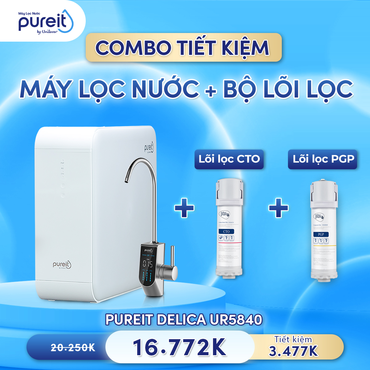 [COMBO TIẾT KIỆM] Máy lọc nước Pureit Delica UR5840 và Lõi lọc CTO, Lõi lọc PGP - Hàng chính hãng