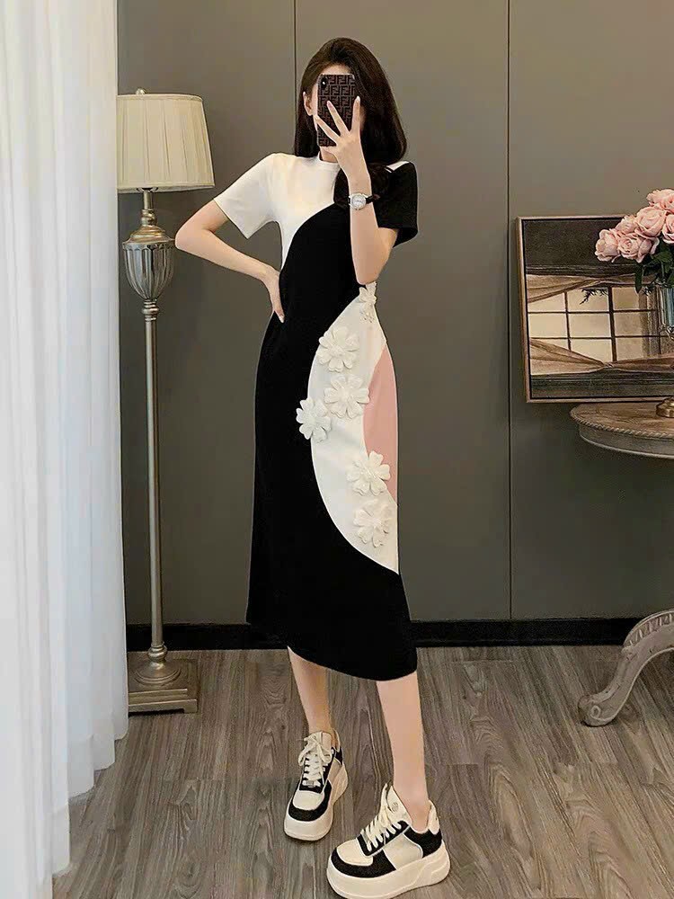 ĐẦM BODY THUN PHỐI MÀU ĐÍNH HOA NỔI