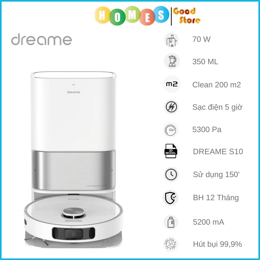 Robot Hút Bụi Lau Nhà XIAOMI DREAME D10 PLUS Tự Động Đổ Rác Tạo Bản Đồ Siêu Nhanh Diện Tích Hoạt Động 250m2, Lực Hút 4000 Pa - Hàng Nhập Khẩu