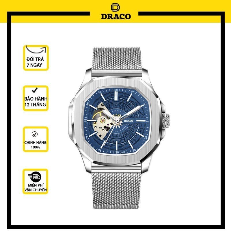 Đồng hồ nam Draco D23-DS68 “DongSon” Automatic trắng xanh kết hợp chất liệu dây thép không gỉ màu bạc-thời trang nam thể thao