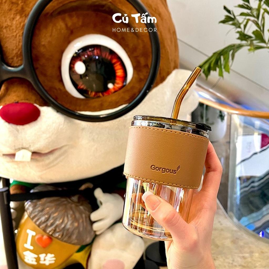 Ly thủy tinh, cốc thủy tinh đai da kèm ống hút và nắp đậy kín phong cách Bắc Âu size to
