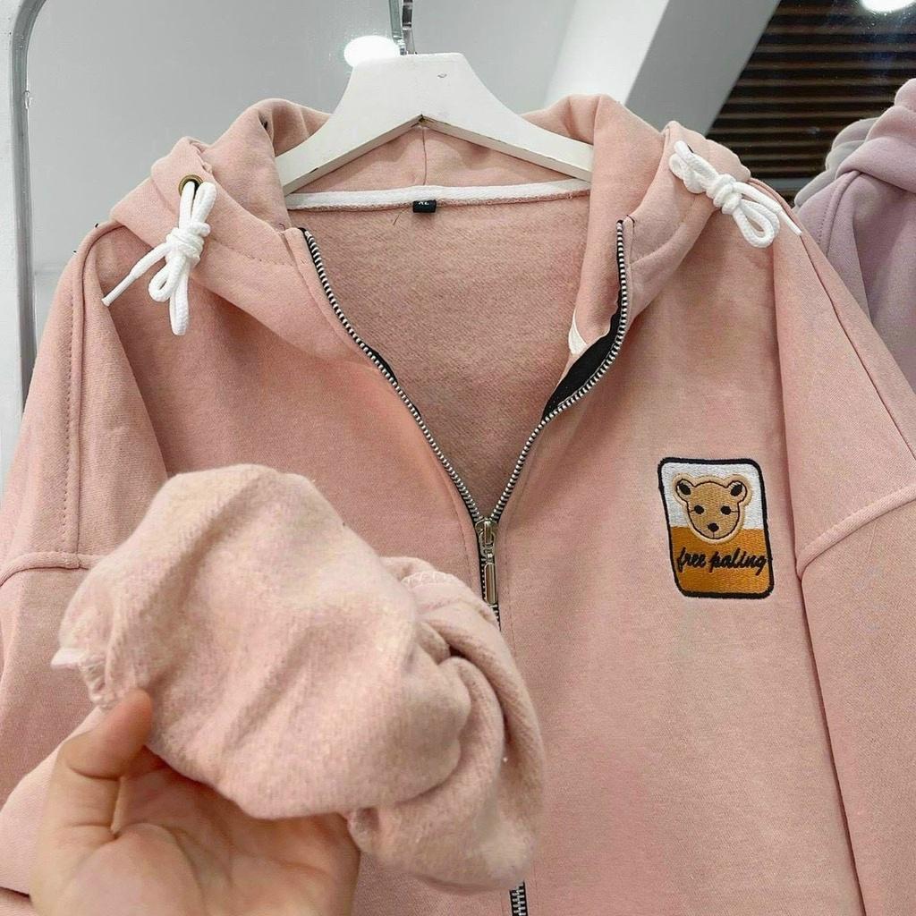 Áo khoác hoodie dây kéo Thêu Hình Gấu Ulzzang Form Rộng Tay Bo Chất Vải Nỉ Ngoại Mềm Mịn Chống nắng