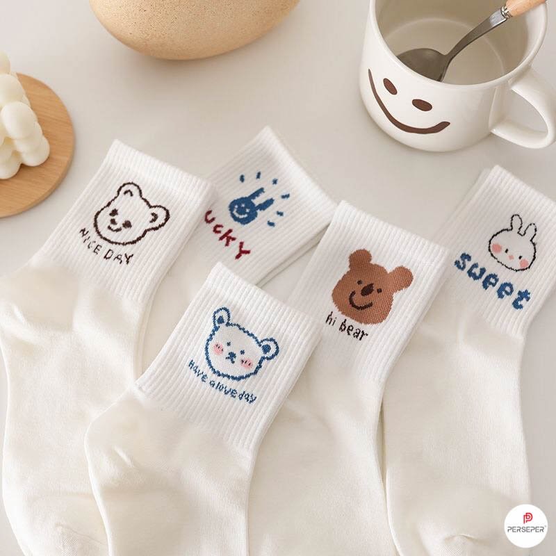 Bộ 5 đôi tất vớ nữ cổ ngắn màu trắng hoạt hình (giao màu ngẫu nhiên)