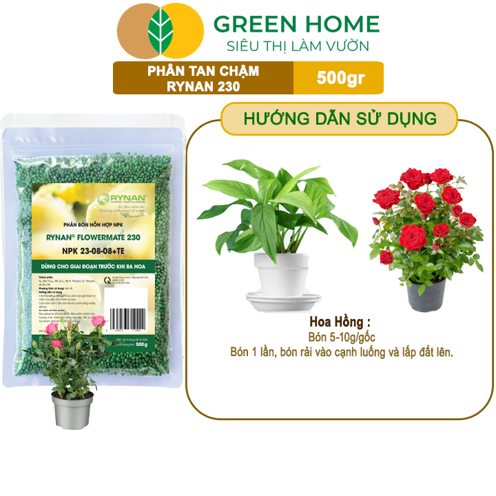 Phân Tan Chậm GreenHome, Rynan 230, Bao 500gr, Dùng Cho Hoa Kiểng, Kiểng Lá Trước Khi Ra Hoa