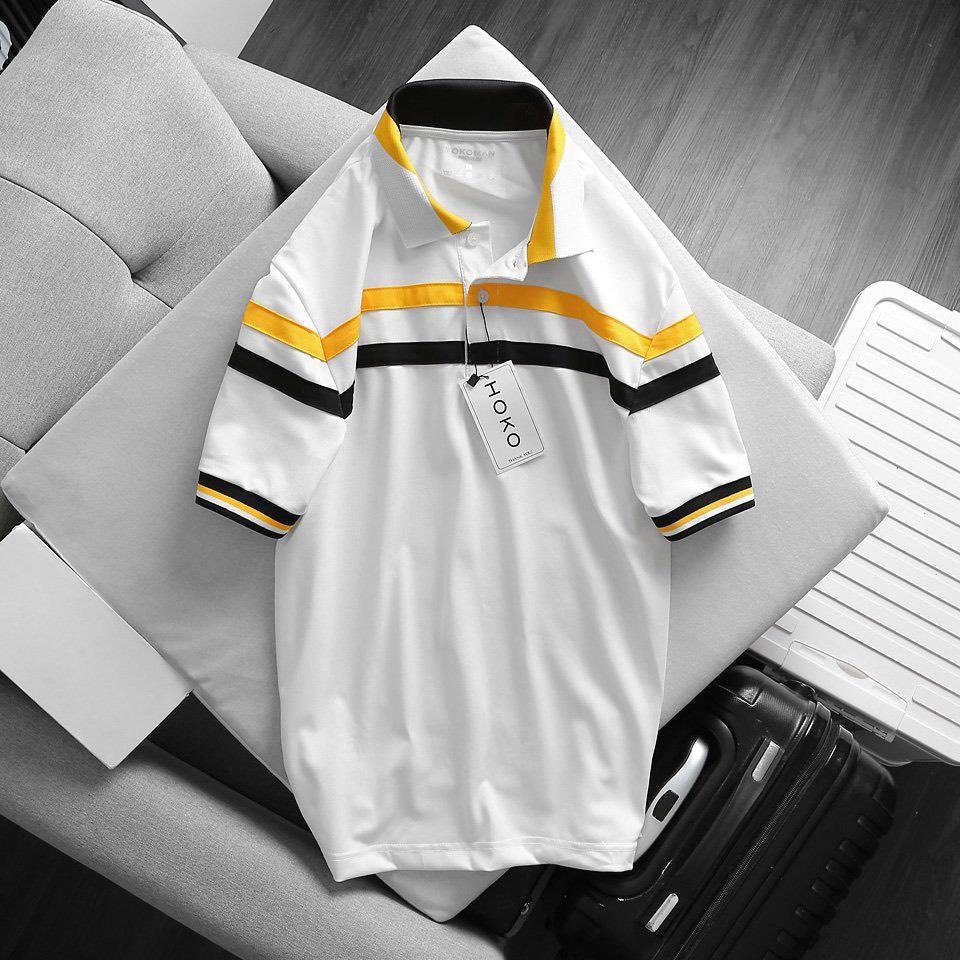 Áo polo nam thời trang FASHION EKING CLOTHING x HOKO thiết kế trắng sọc cổ viền - chất liệu Poli Cá Sấu Xịn Sò