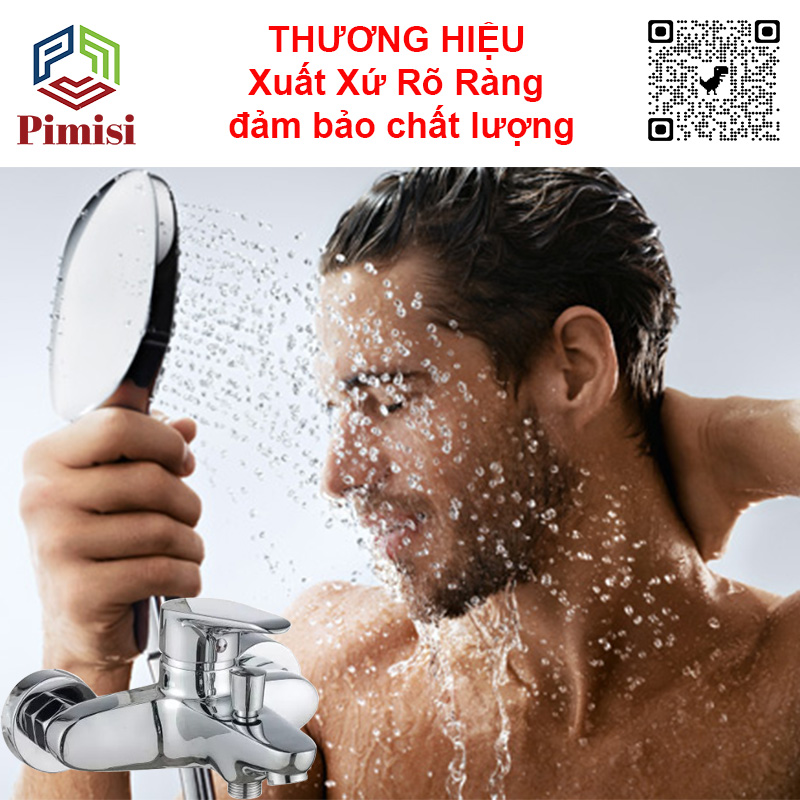 Sen Tắm Nóng Lạnh Pimisi PS-203C Đồng Thau Mạ Crom - Niken Sáng Bóng, Đủ Phụ Kiện Vòi Hoa Sen Tăng Áp Nhẹ - Dây Sen Tắm Inox - Chân Chữ Z - Cài Tay Bát Sen, Điều Chỉnh Nước Bằng Củ Gật Gù Gắn Tường Nhà Tắm | Hàng Chính Hãng