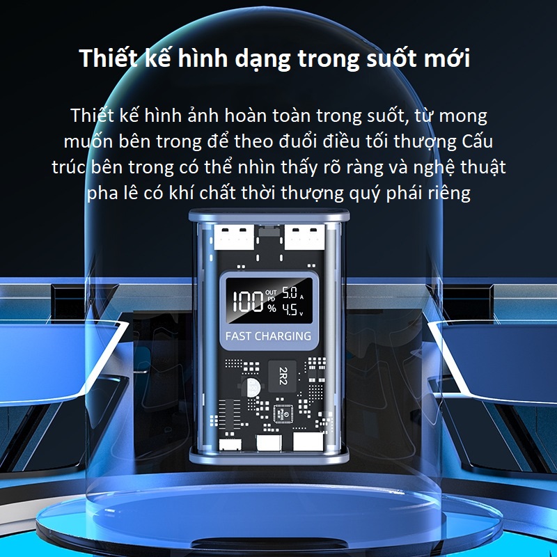 Pin Sạc Dự Phòng Di Động Fast charging trong suốt 10000mAh LED màn hình nguồn Power bank 22.5W Sạc ba thiết bị cùng một lúc