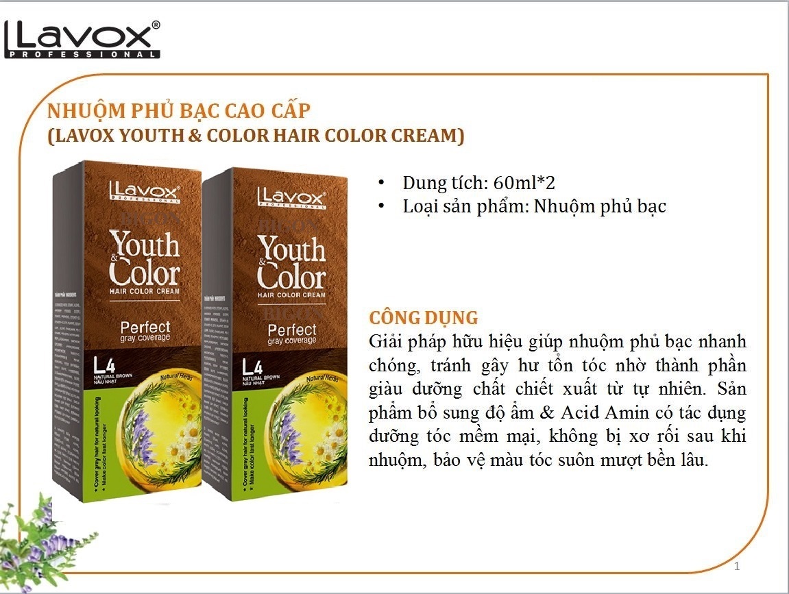 Nâu Hạt Dẻ #L4 (Mẫu Cũ Nâu Nhạt) Kem Nhuộm Dưỡng Tóc Phủ Bạc Lavox Youth&amp;Color L4