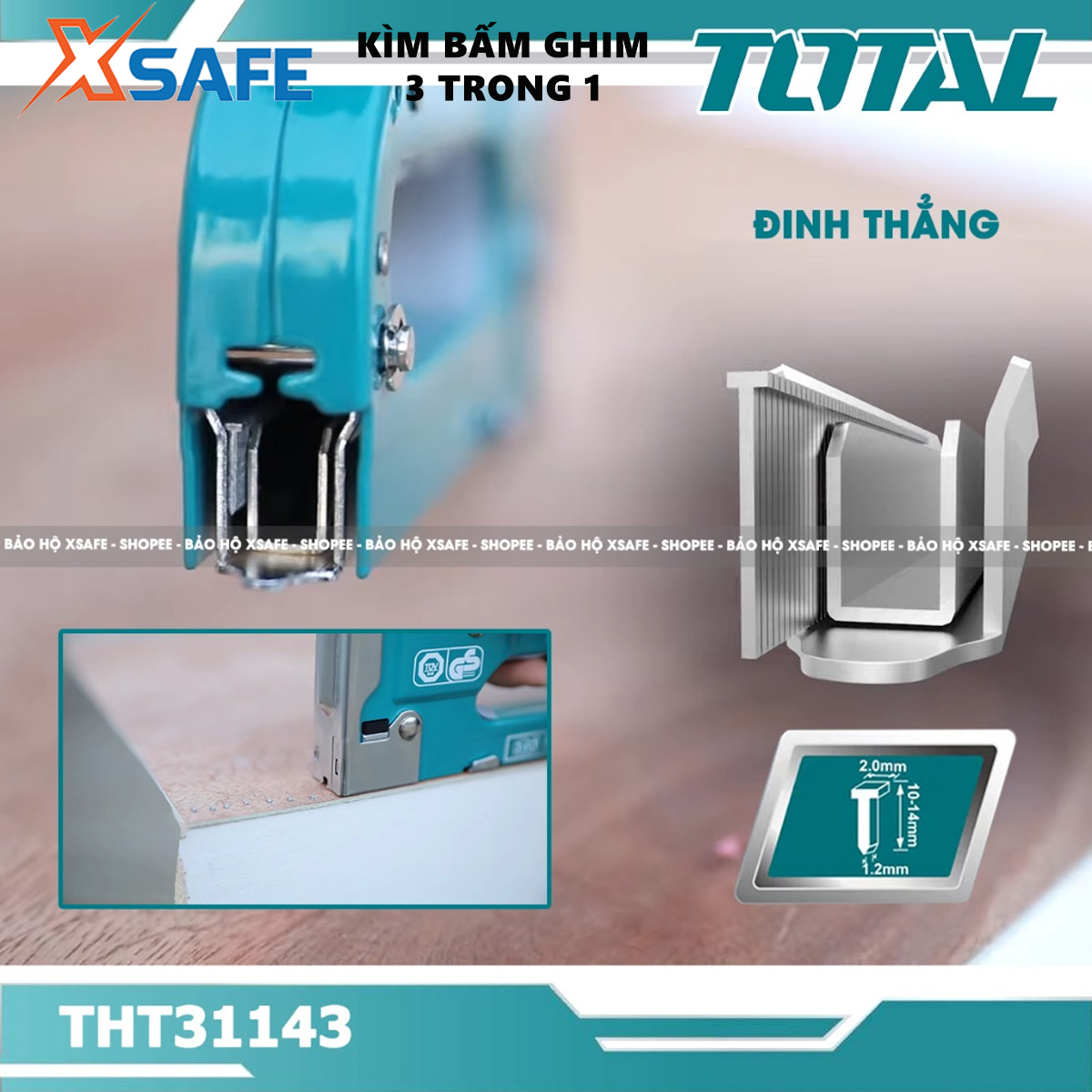 Kìm bấm đinh ghim đa năng 3 trong 1 TOTAL THT31143 Kềm bấm ghim điều chỉnh lực bắn kèm 600 mũi ghim U, đinh, chữ nhật