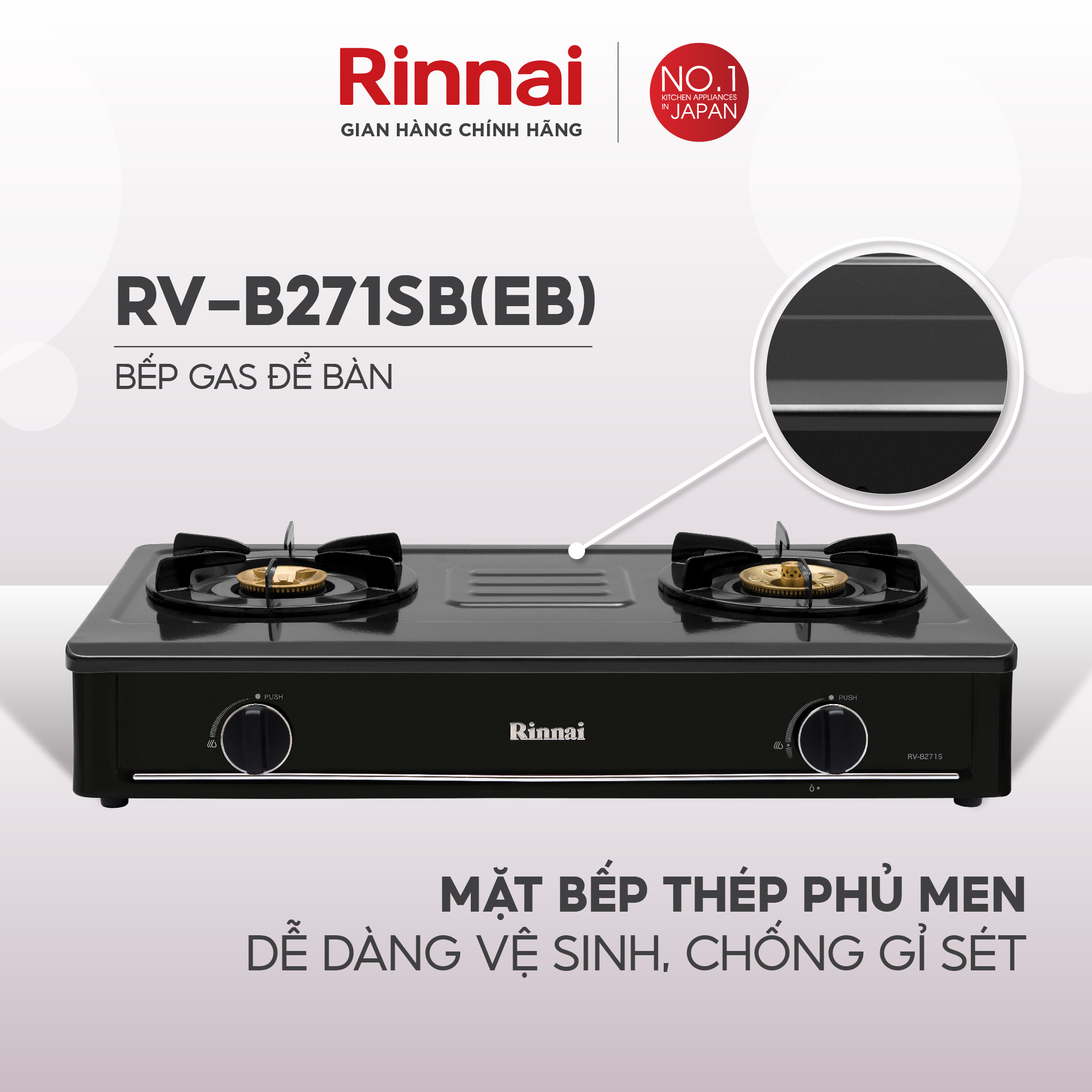 Bếp gas dương Rinnai RV-B271SB(EB) mặt bếp men và kiềng bếp men - Hàng chính hãng.