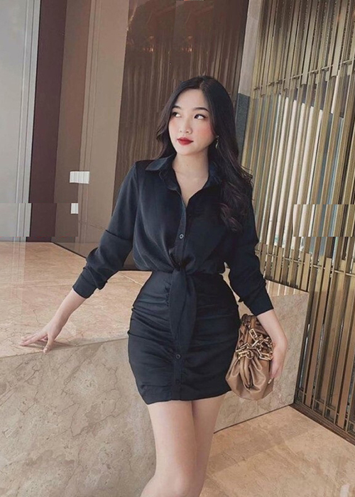 Set Lụa Layi Áo Sơ Mi Thắt Nơ Và Chân Váy Kèm Quần Lót Trong