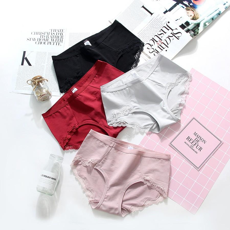 Quần lót cotton viền ren cạp cao